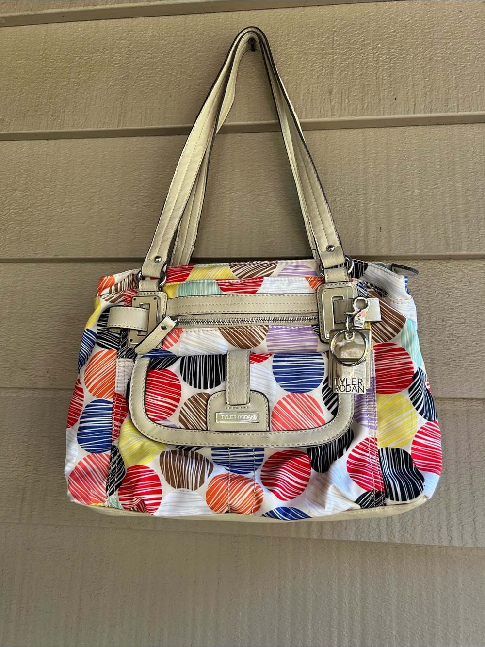 Tyler Rodan Multicolor Polka-Dot Satchel with Cream Trim